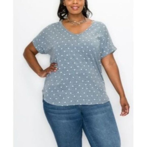 COIN 1804 Tops - 2892 COIN 1804 Plus Size Dot Print Rolled Sleeve V-Neck Tee Blue Size 3X